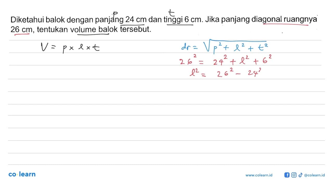 Diketahui balok dengan panjang 24 cm dan tinggi 6 cm. Jika