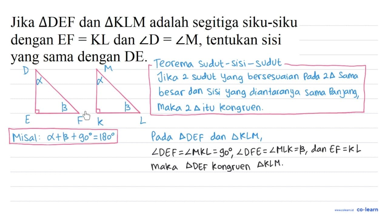 Jika segitiga DEF dan segitiga KLM adalah segitiga