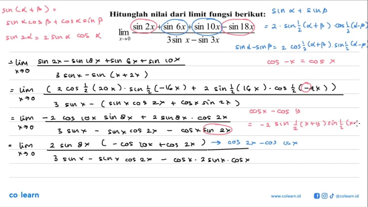 Hitunglah nilai dari limit fungsi berikut: lim x->0 (sin