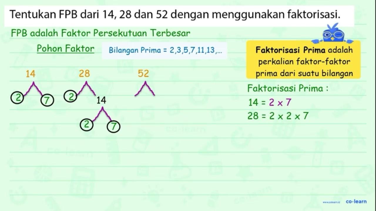 Tentukan FPB dari 14, 28 dan 52 dengan menggunakan