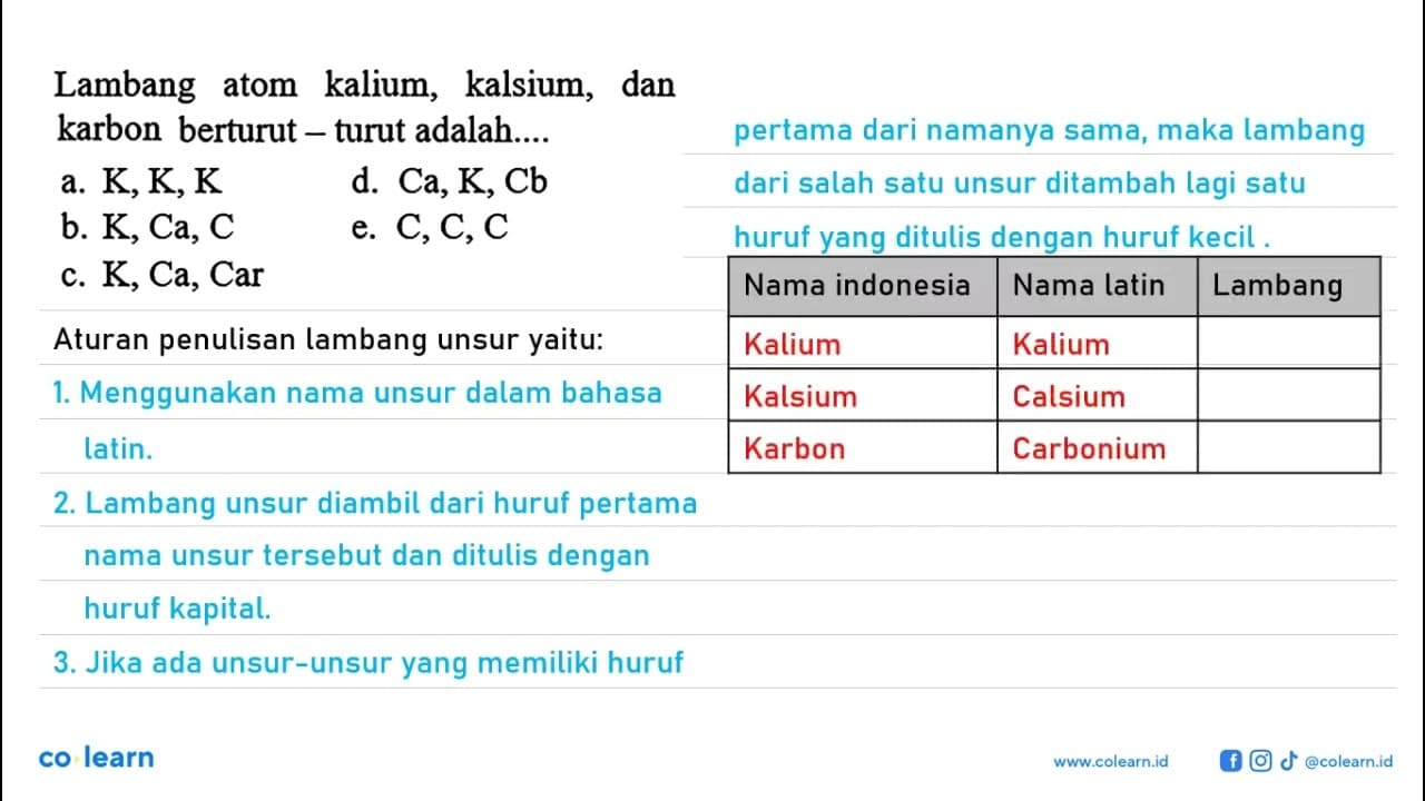 Lambang atom kalium, kalsium, dan karbon berturut - turut