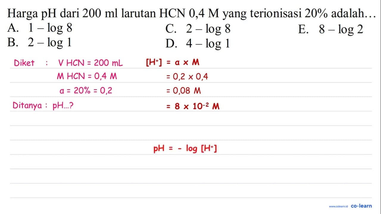 Harga pH dari 200 ml larutan HCN 0,4 M yang terionisasi 20