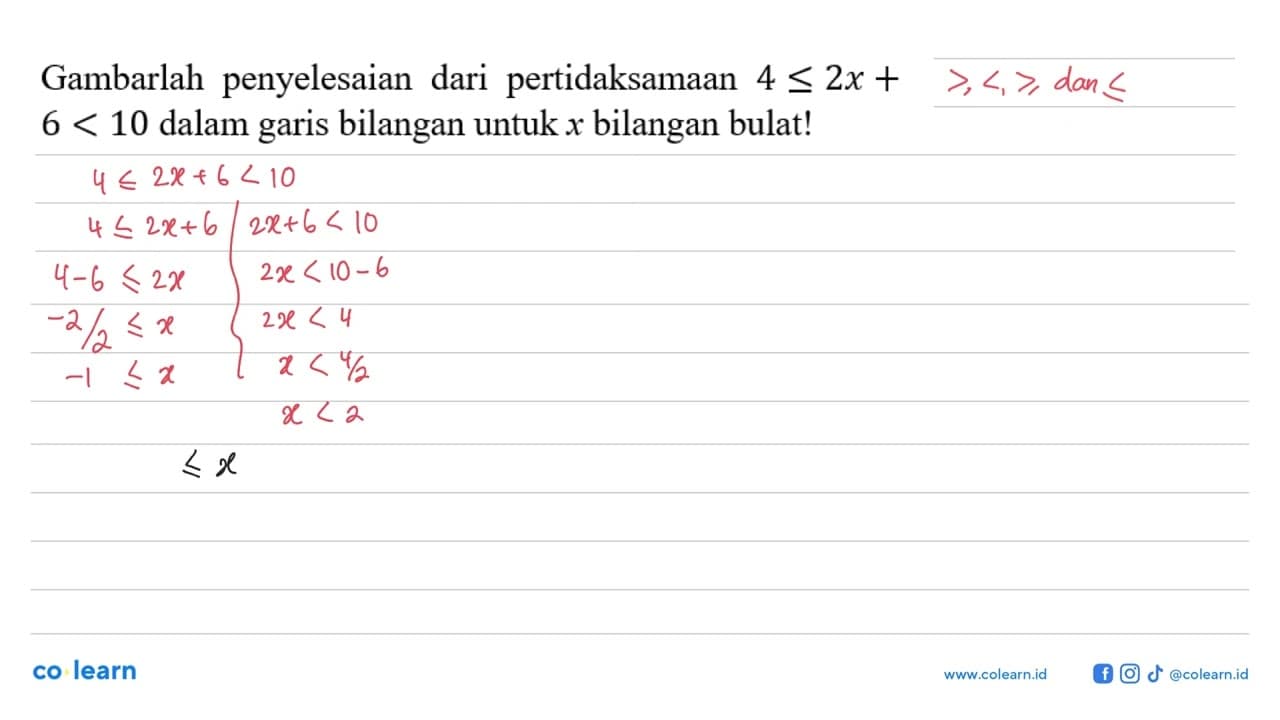 Gambarlah penyelesaian dari pertidaksamaan 4 <=2x + 6 < 10