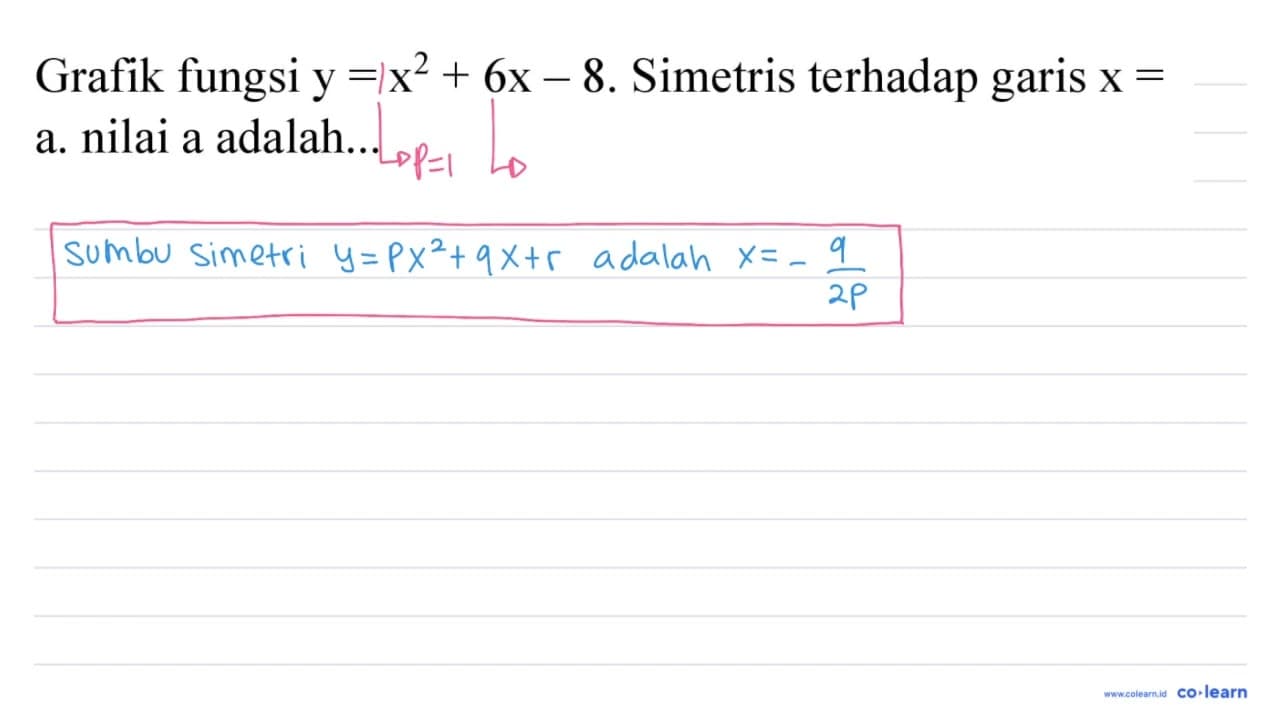 Grafik fungsi y=x^2 + 6x - 8. Simetris terhadap garis x= a.