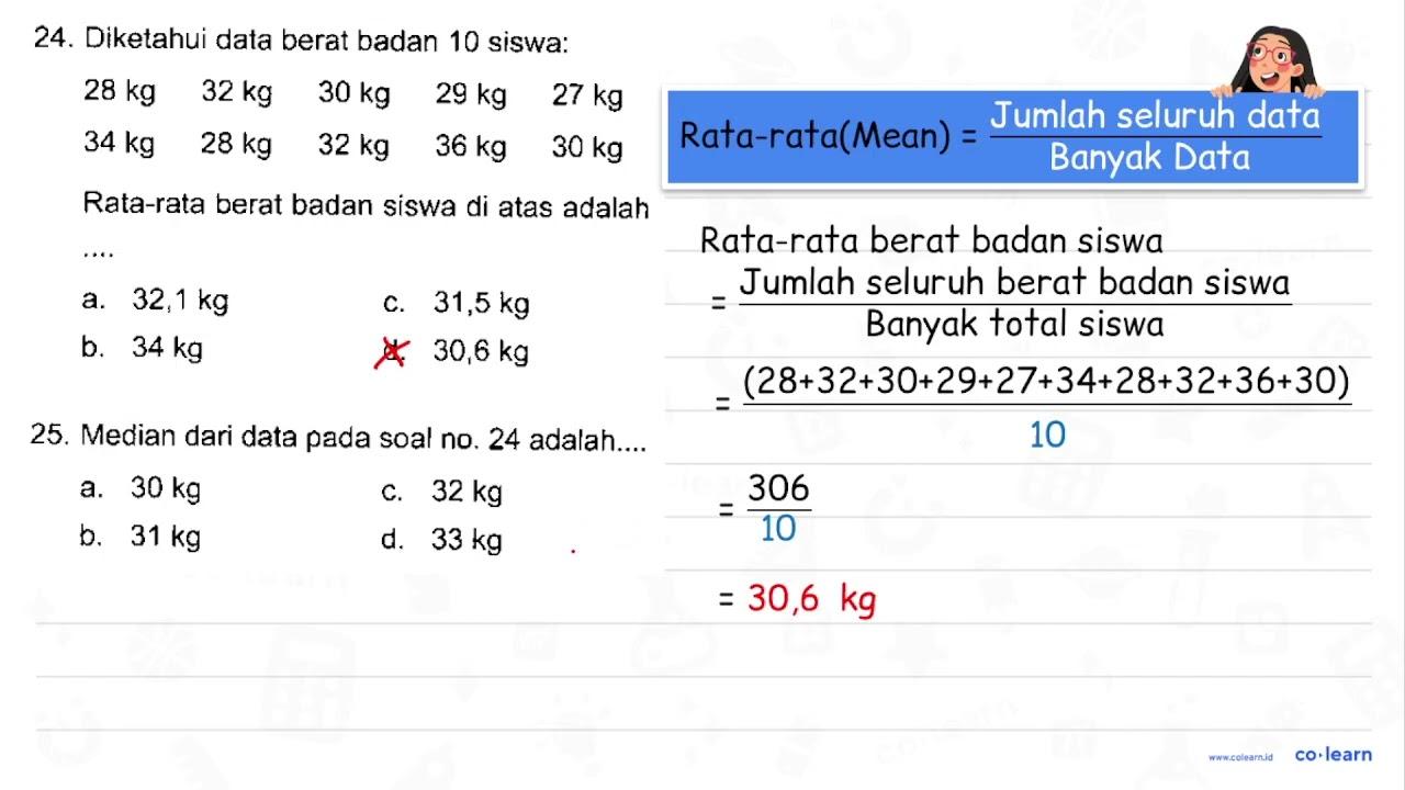 24. Diketahui data berat badan 10 siswa: 28 kg 32 kg 30 kg