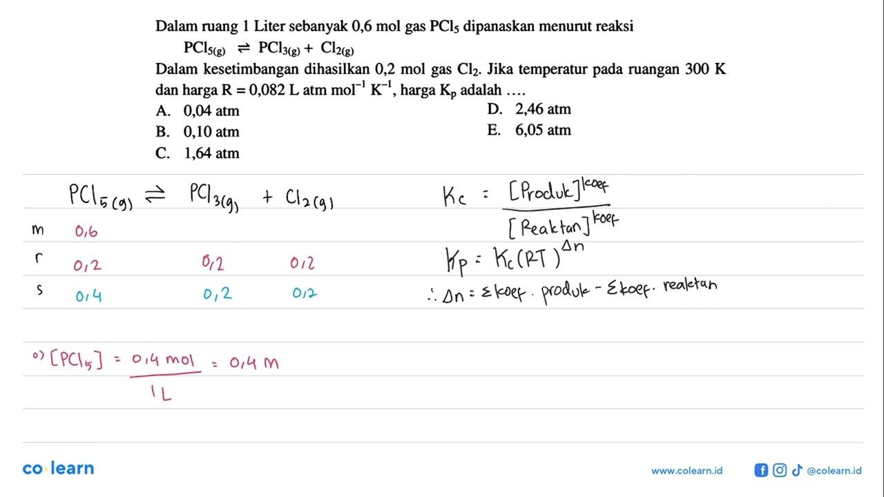 Dalam ruang 1 Liter sebanyak 0,6 mol gas PCl5 dipanaskan