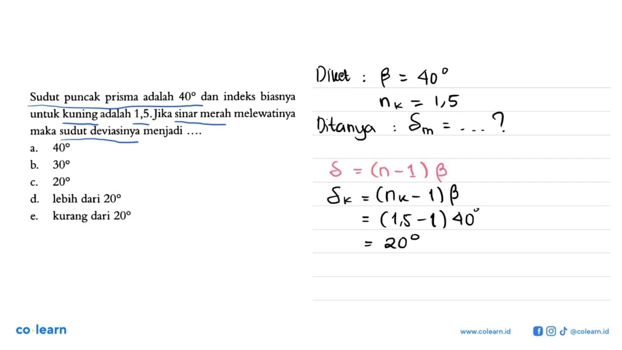 Sudut puncak prisma adalah 40 dan indeks biasnya untuk