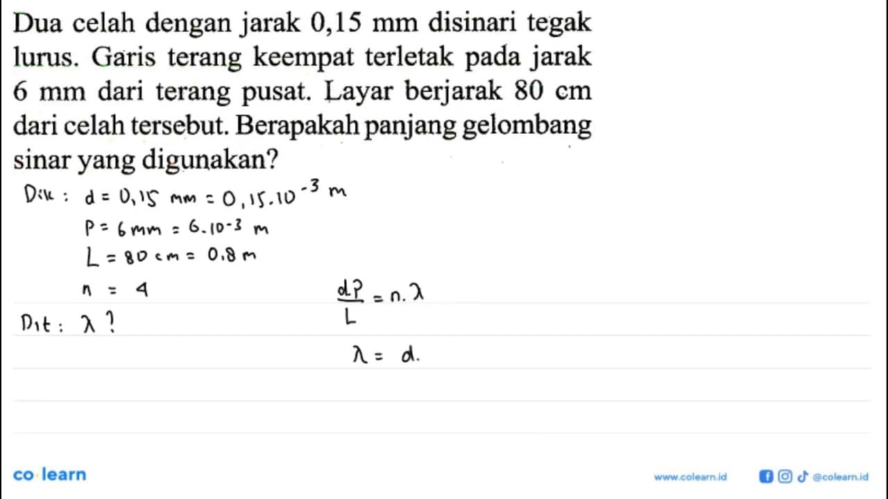 Dua celah dengan jarak 0,15 mm disinari tegak lurus. Garis