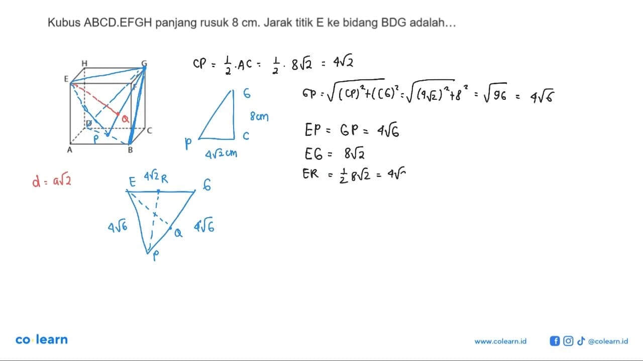 Kubus ABCD.EFGH panjang rusuk 8 cm. Jarak titik E ke bidang