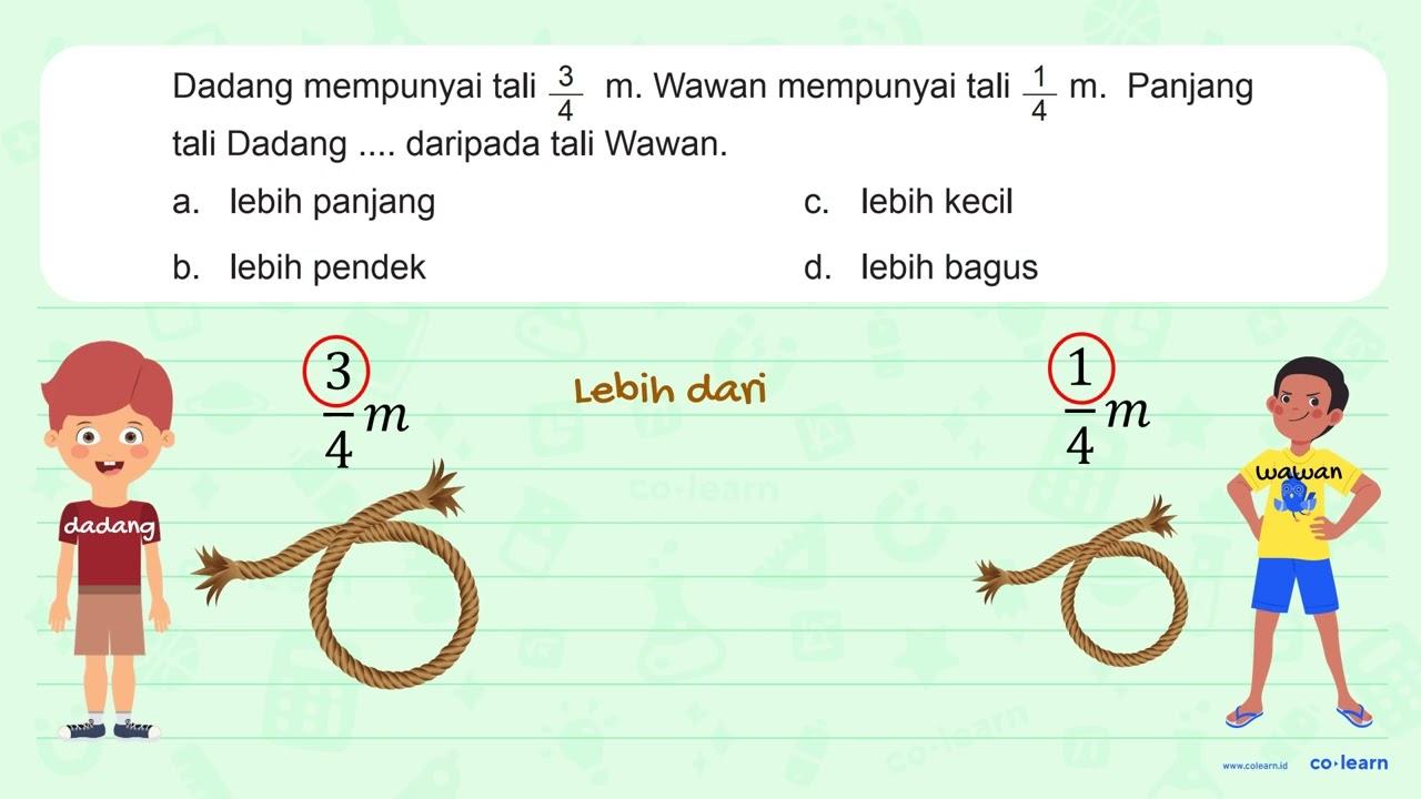 Dadang mempunyai tali 3/4 m. Wawan mempunyai tali 1/4 m.