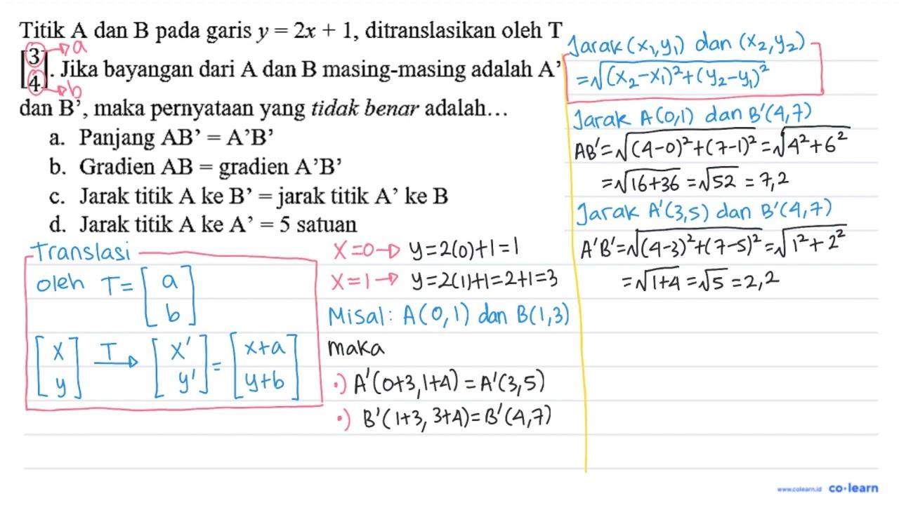 Titik A dan B pada garis y = 2x + 1, ditranslasikan oleh T