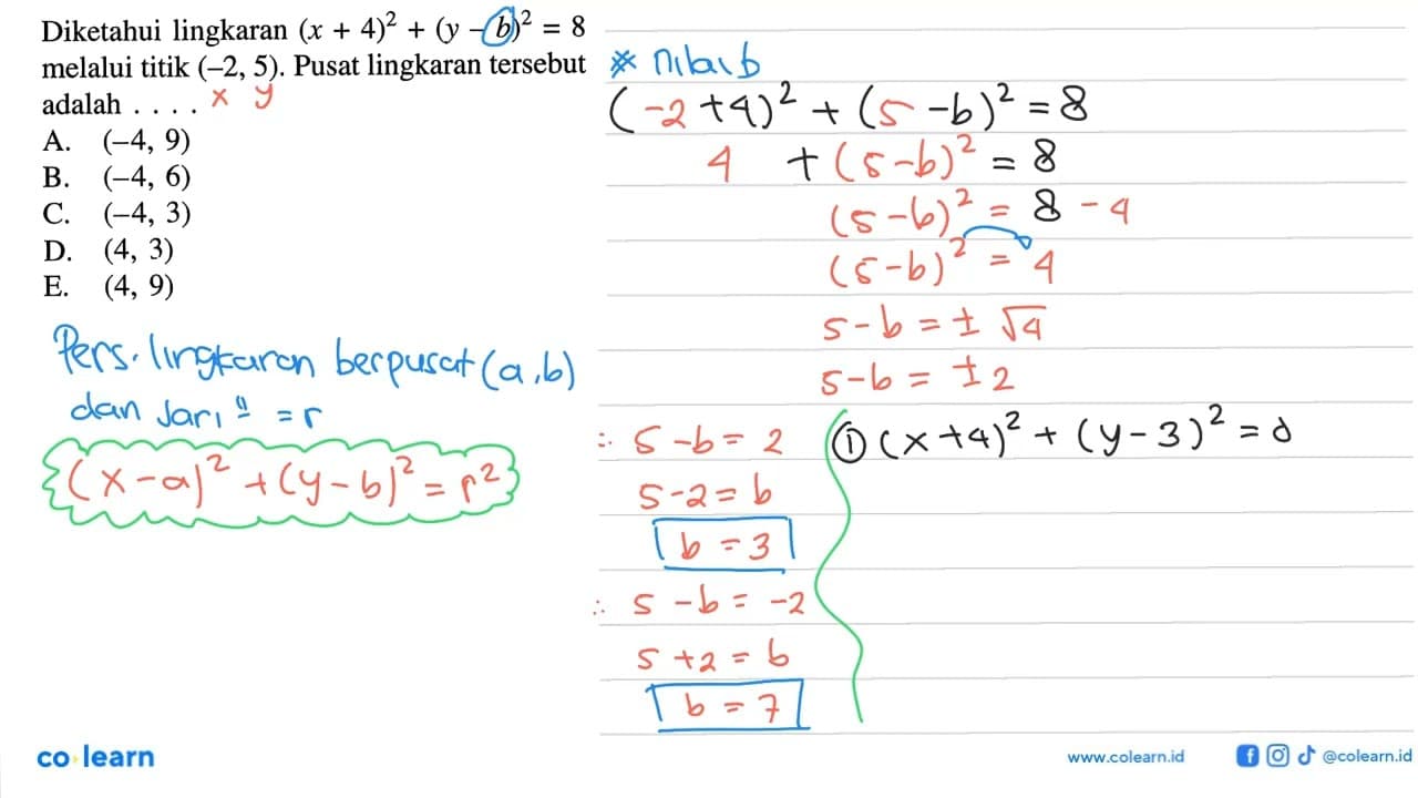 Diketahui lingkaran (x+4)^2+(y-b)^2=8 melalui titik (-2,5).