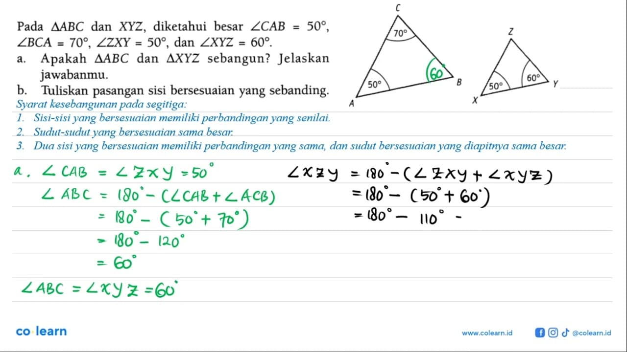 Pada segitiga ABC dan XYZ, diketahui besar sudut CAB=50,