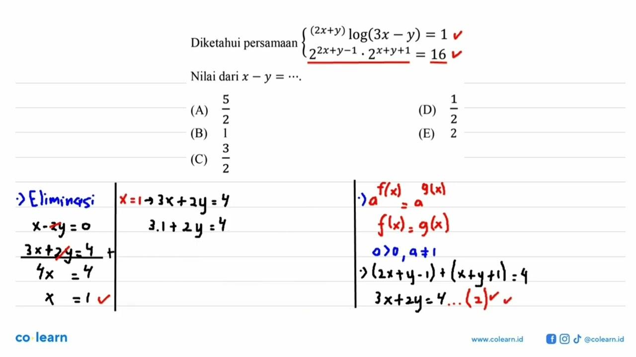 Diketahui persamaan (2x+y)log(3x-y)=1