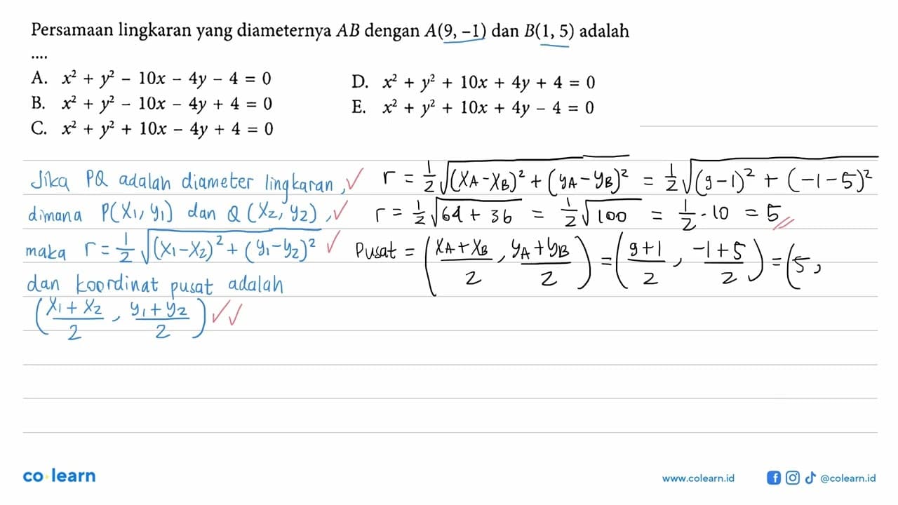 Persamaan lingkaran yang diameternya A B dengan A(9,-1) dan