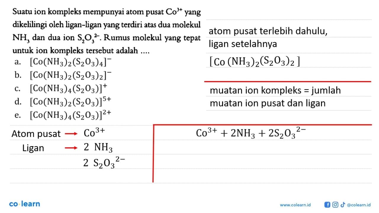 Suatu ion kompleks mempunyai atom pusat Co^(3+) yang