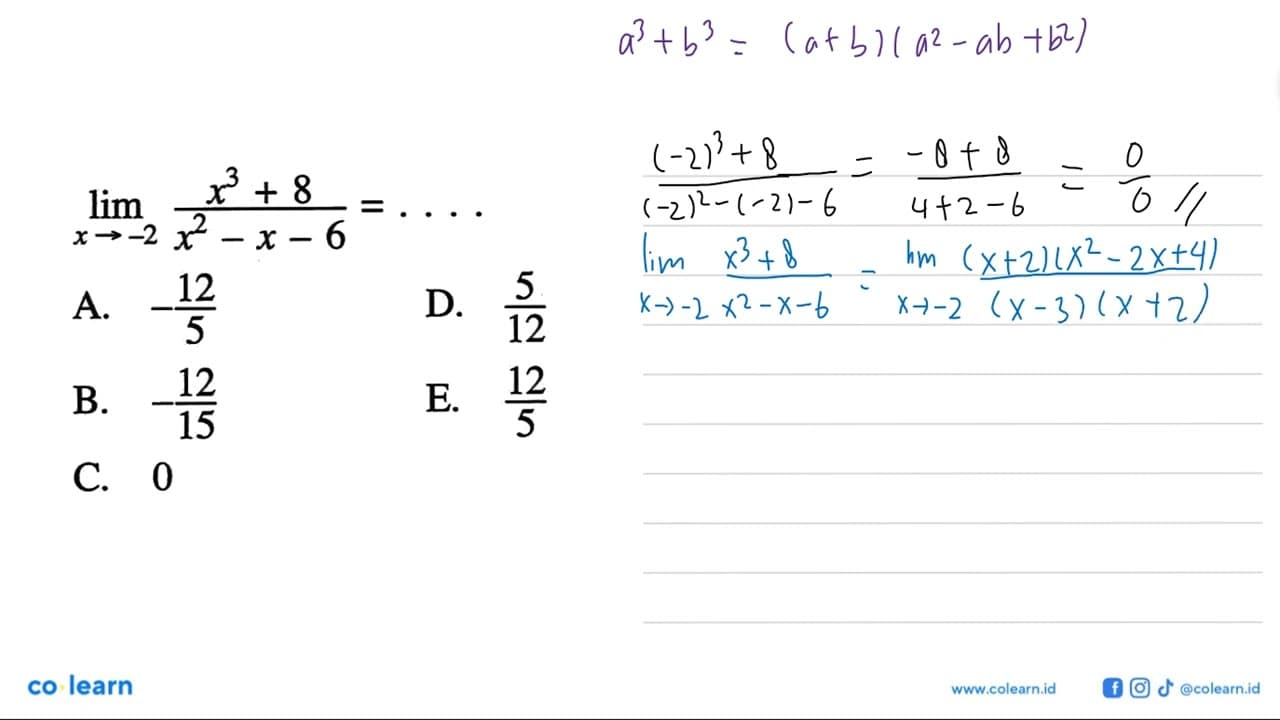 limit x->-2 (x^3+8)/(x^2-x-6)=...