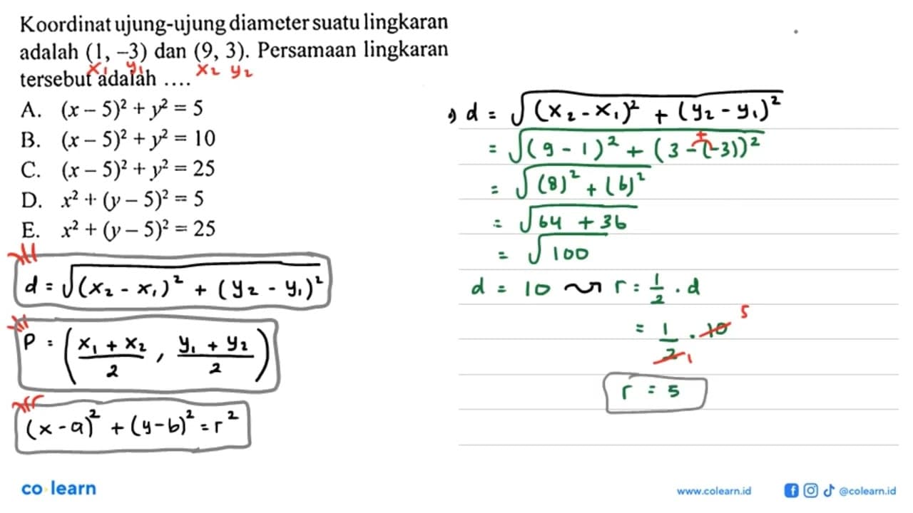 Koordinat ujung-ujung diameter suatu lingkaran adalah