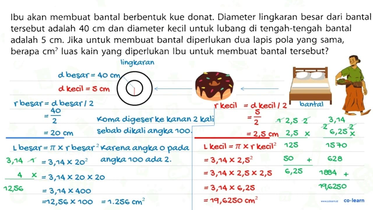 Ibu akan membuat bantal berbentuk kue donat. Diameter