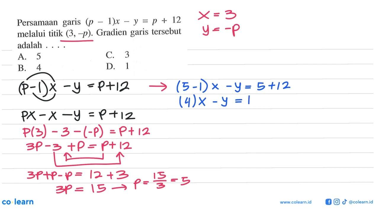 Persamaan garis (p - 1)x - y = p + 12 melalui titik (3,