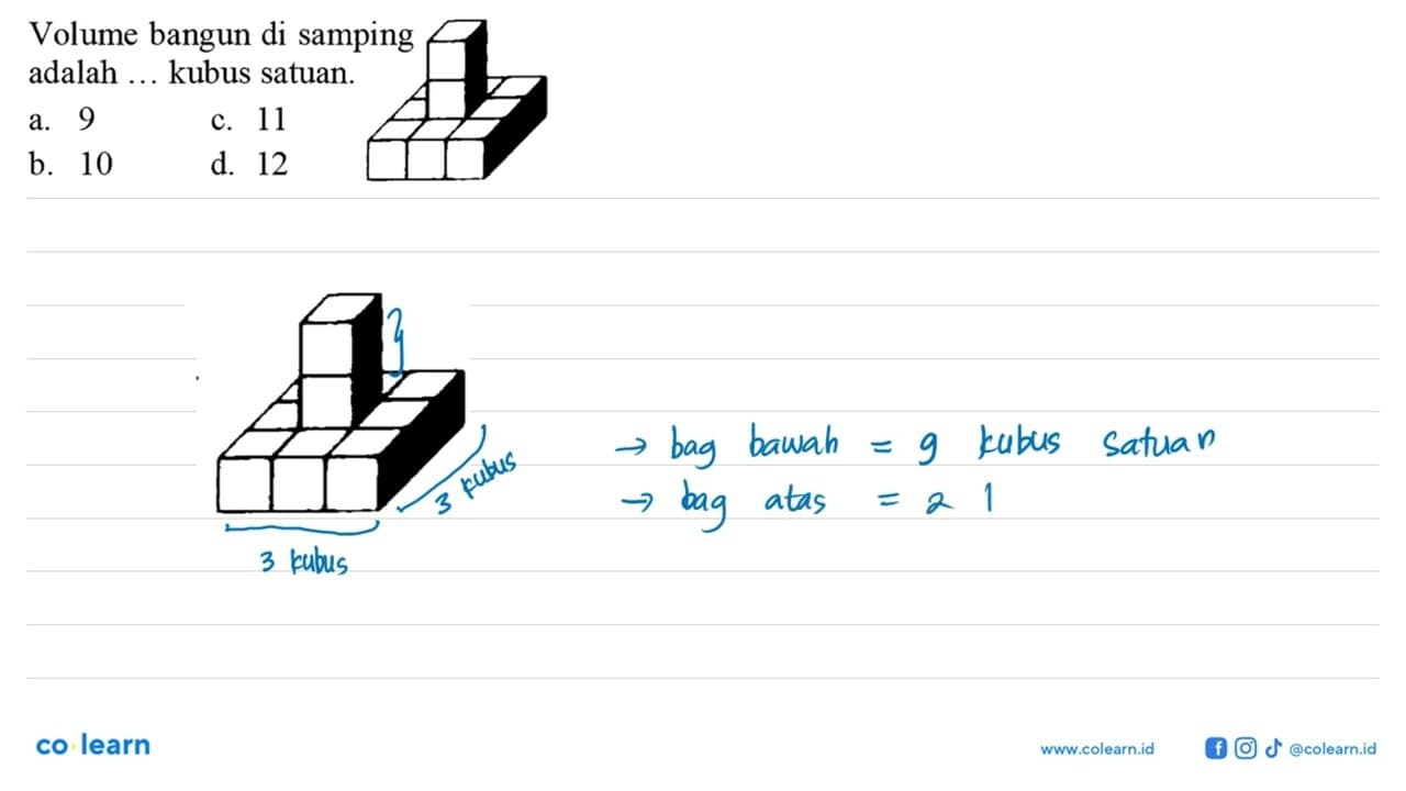 Volume bangun di samping adalah ... kubus satuan. a. 9 c.