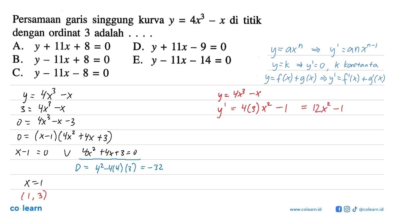 Persamaan garis singgung kurva y = 4x^3-x di titik dengan