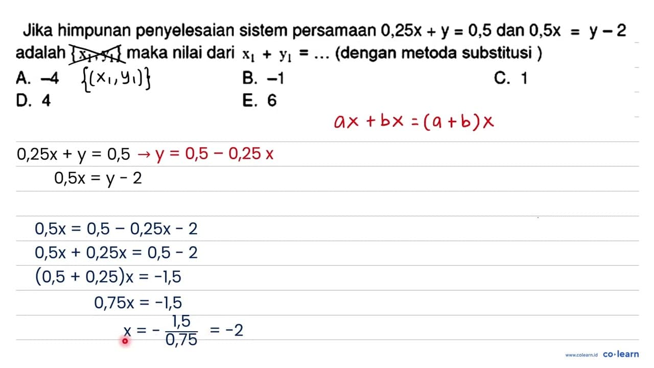 Jika himpunan penyelesaian sistem persamaan 0,25 x+y=0,5