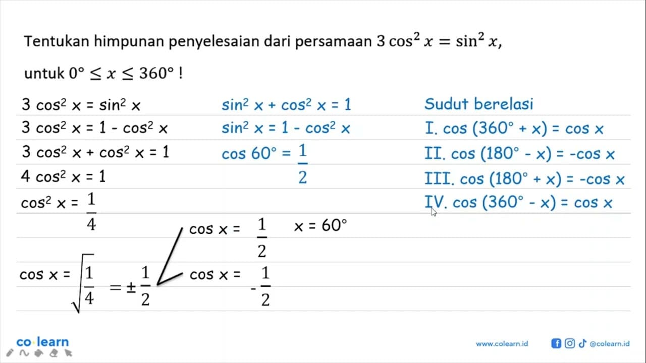 Tentukan himpunan penyelesaian dari persamaan 3cos^2