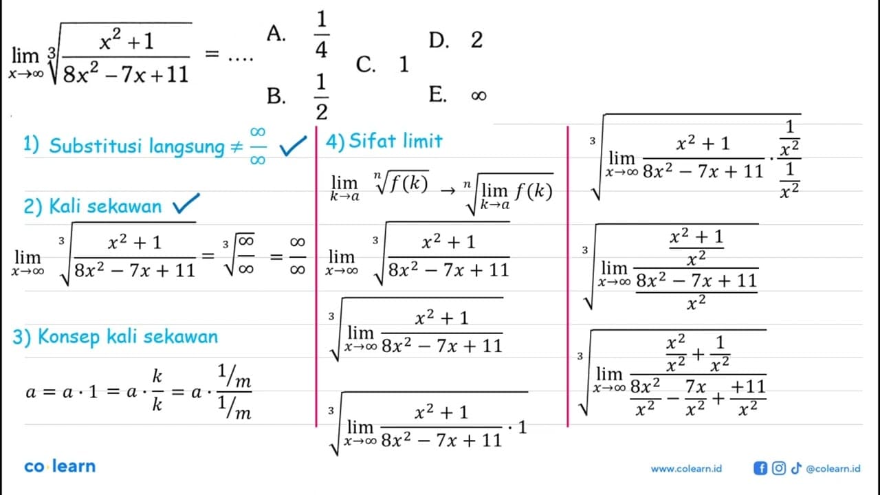 lim x->tak hingga ((x^2+1)/(8x^2-7x+11))^(1/3)=...