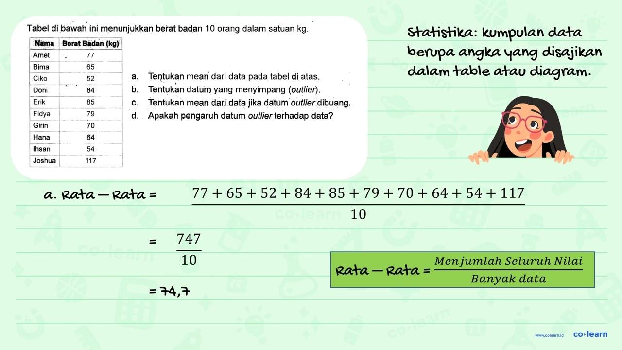 Tabel di bawah ini menunjukkan berat badan 10 orang dalam