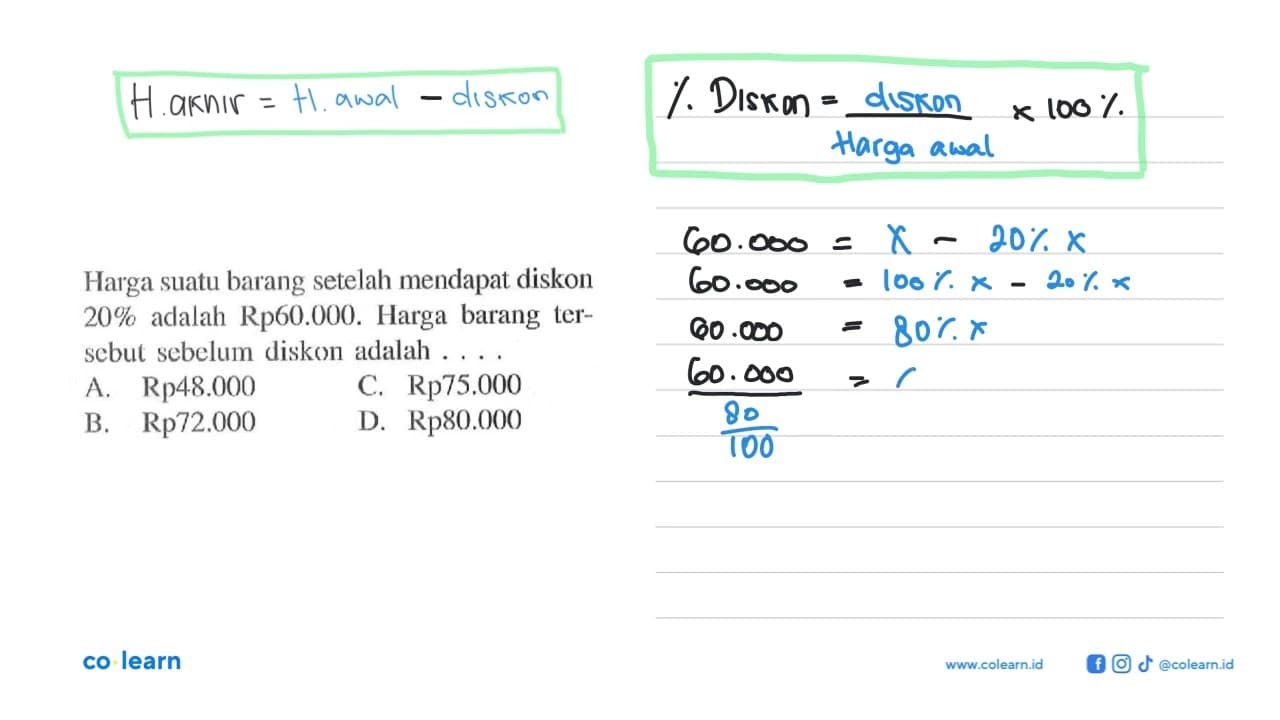 Harga suatu barang setelah mendapat diskon 20% adalah Rp
