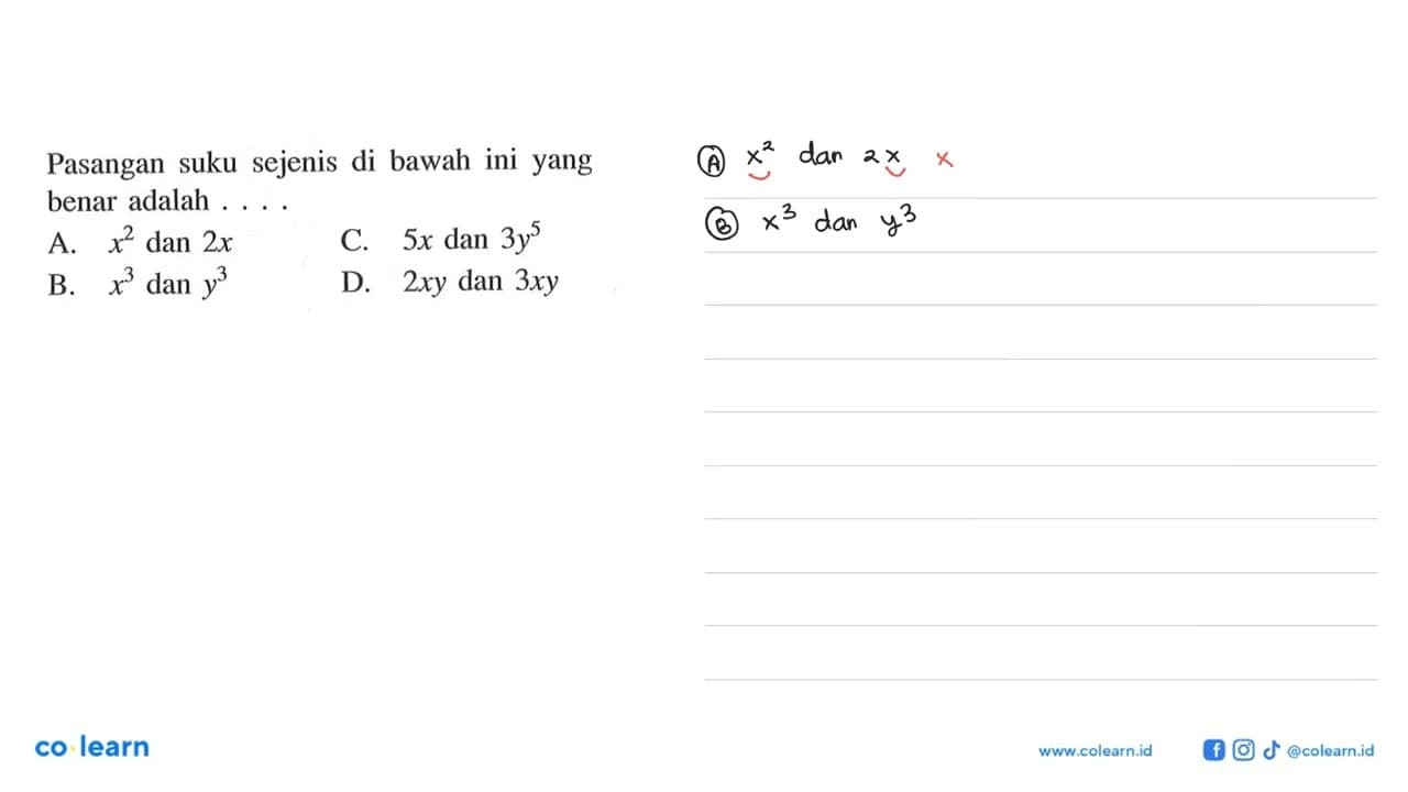 Pasangan suku sejenis di bawah ini yang benar adalah A. x^2