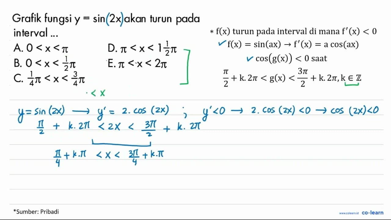 Grafik fungsi y=sin(2x) akan turun pada interval ...