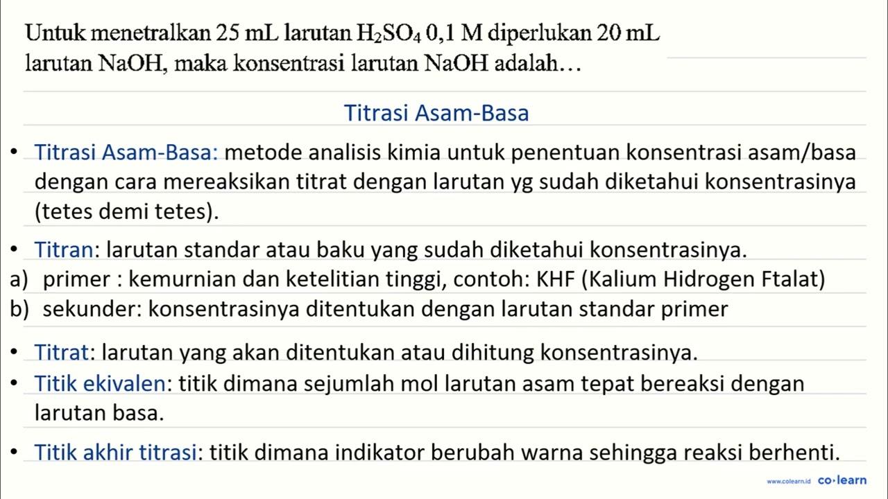 Untuk menetralkan 25 ~mL larutan H_(2) SO_(4) 0,1 M