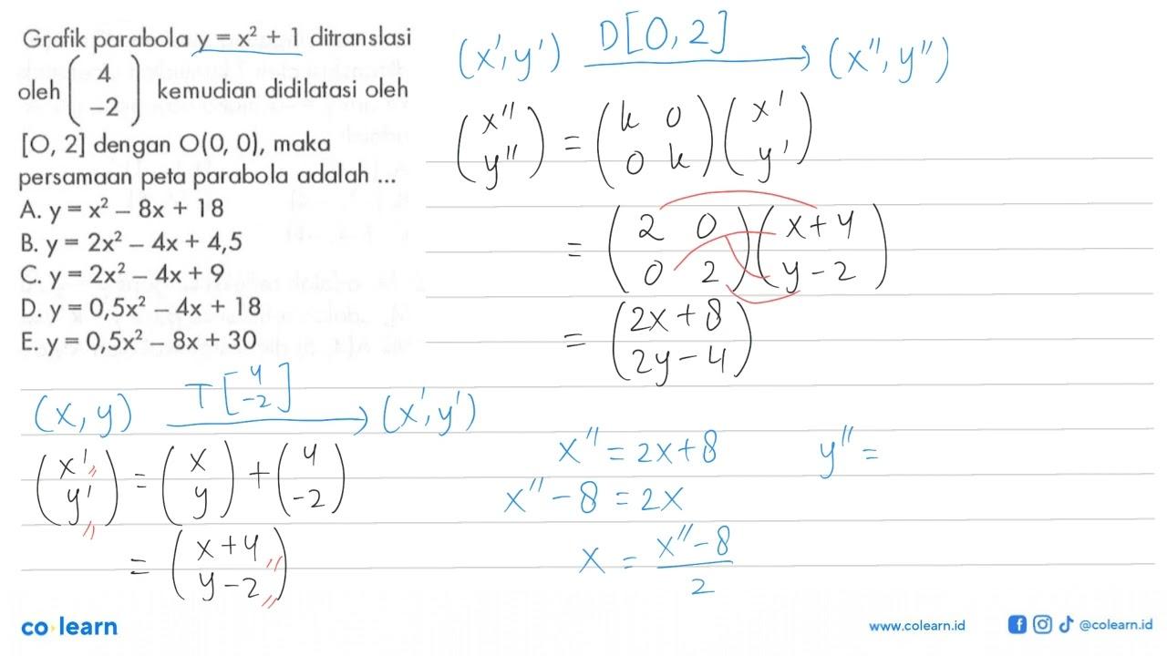 Grafik parabola y=x^2+1 ditranslasi oleh (4 -2) kemudian