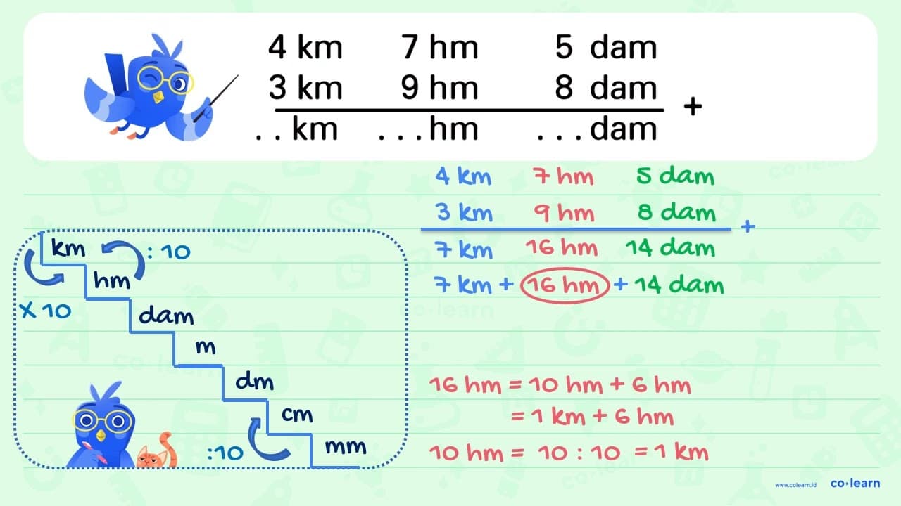 4 km 7 hm 5 dam 3 km 9 hm 8 dam ______________ + ... km ...