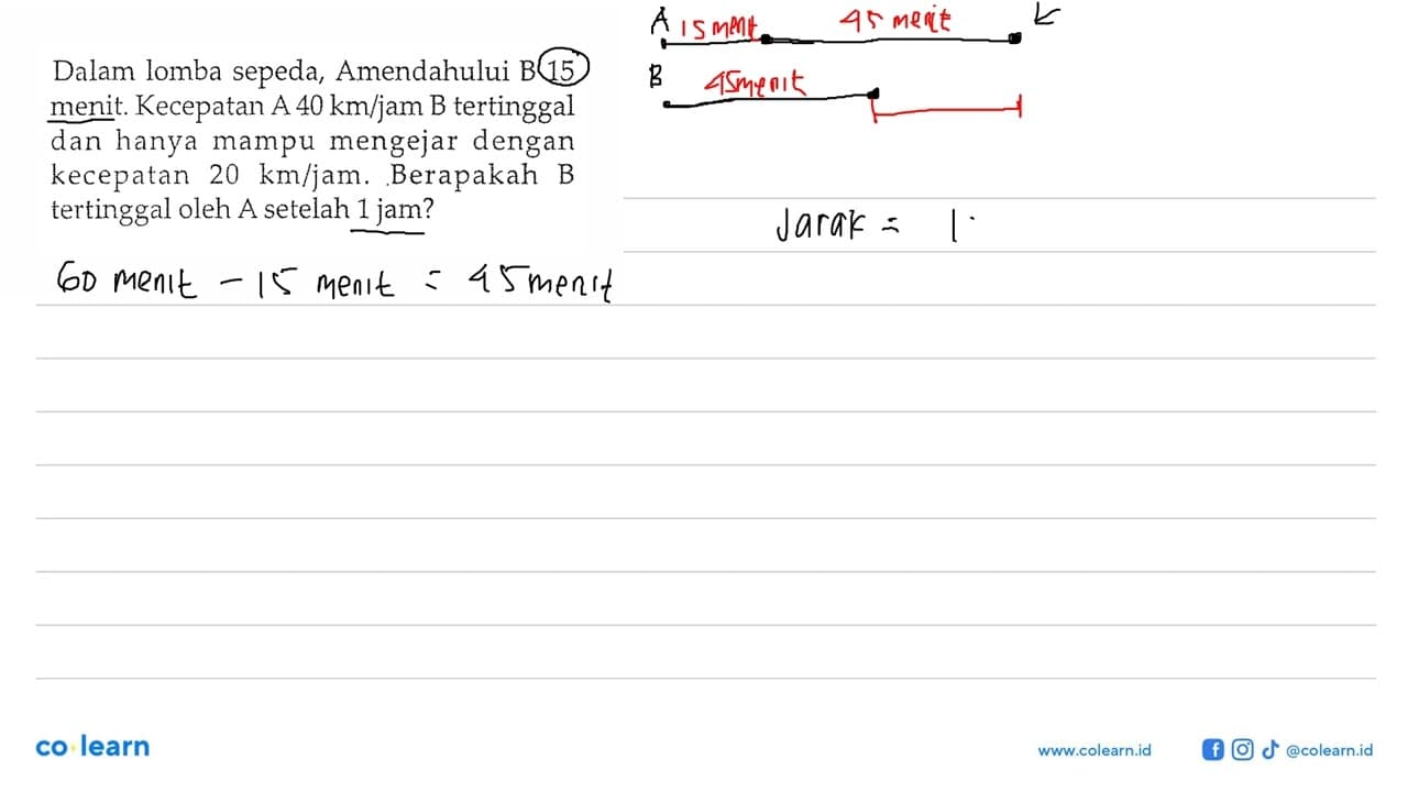 Dalam lomba sepeda, A mendahului B 15 menit. Kecepatan A 40