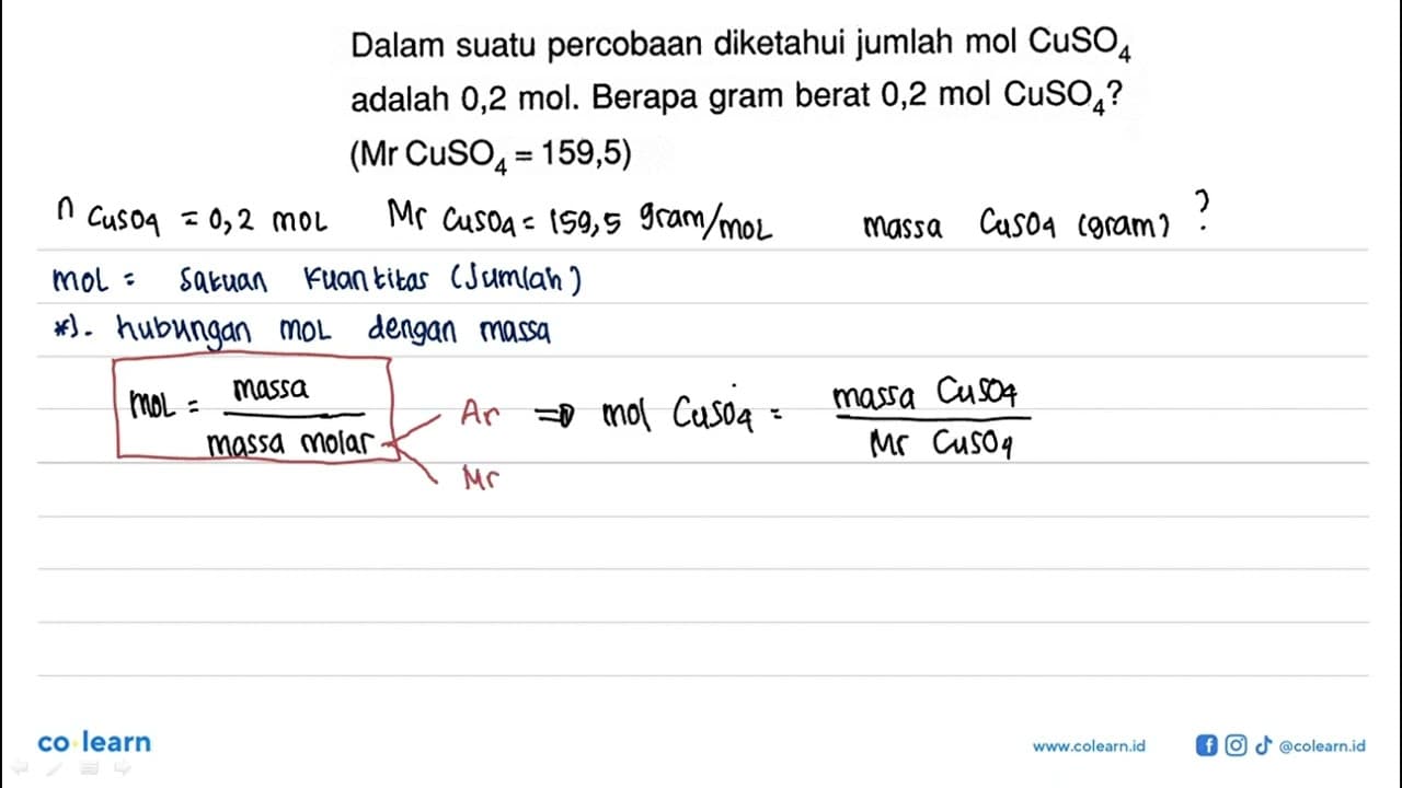 Dalam suatu percobaan diketahui jumlah mol CuSO4 adalah 0,2