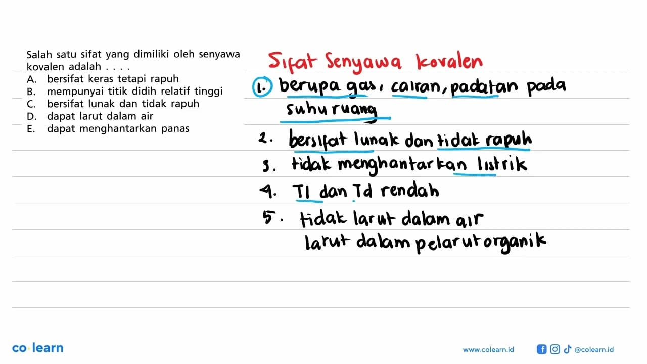 Salah satu sifat yang dimiliki oleh senyawa kovalen adalah