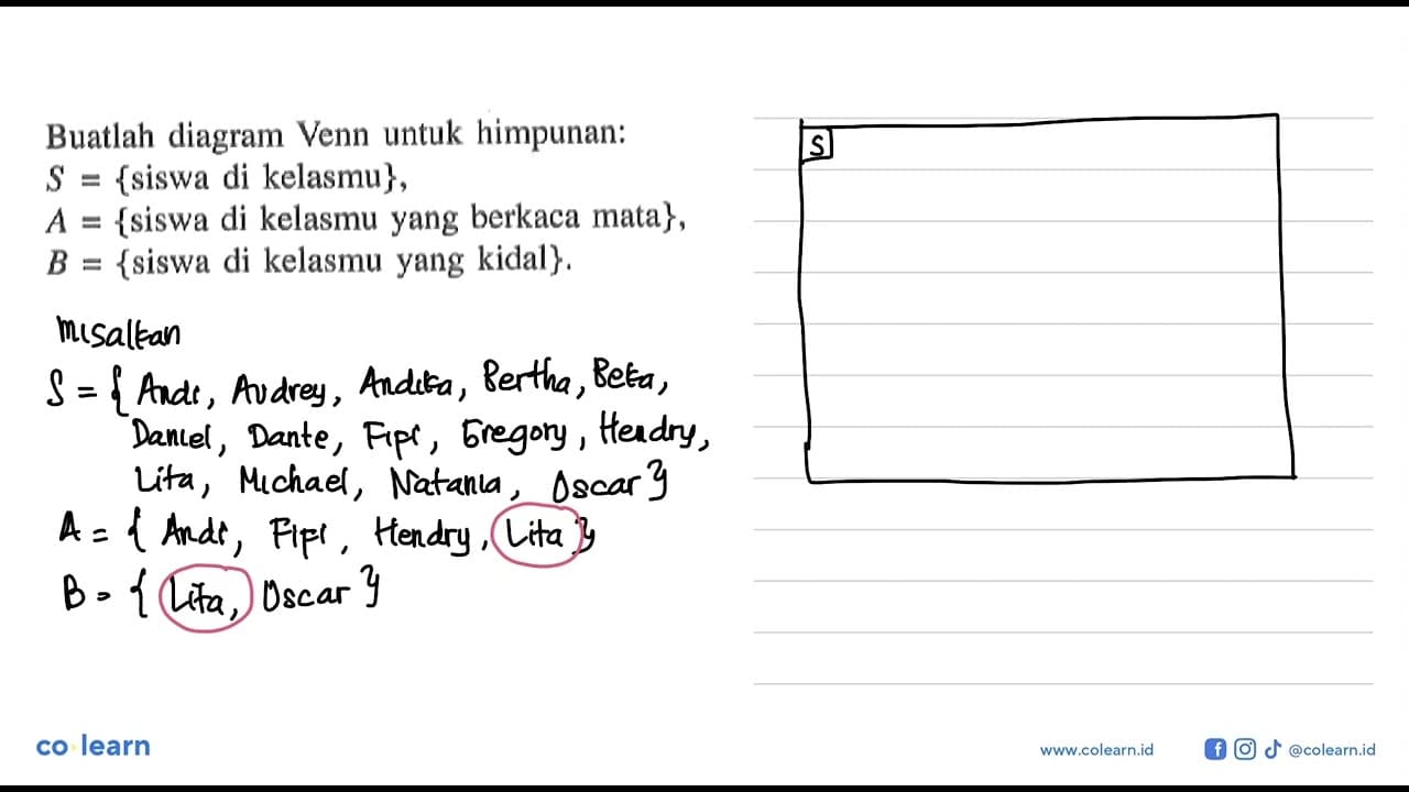 Buatlah diagram Venn untuk himpunan: S = {siswa di