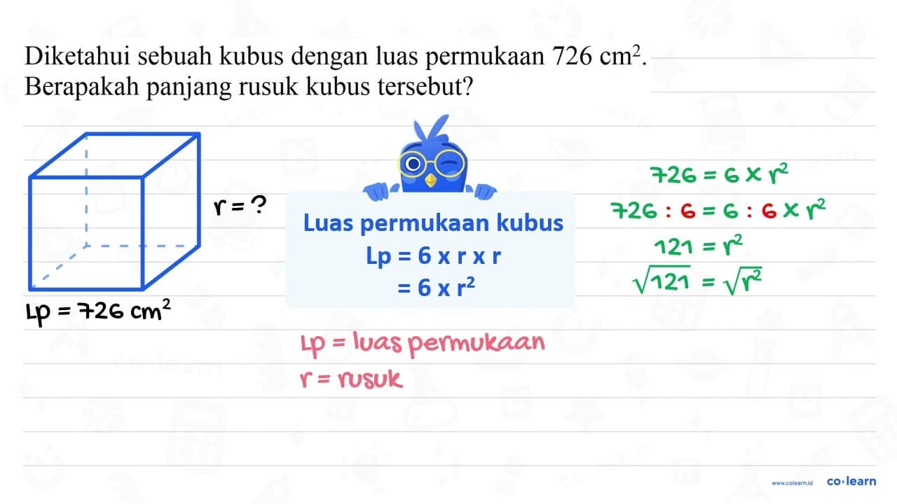 Diketahui sebuah kubus dengan luas permukaan 726 cm^(2) .
