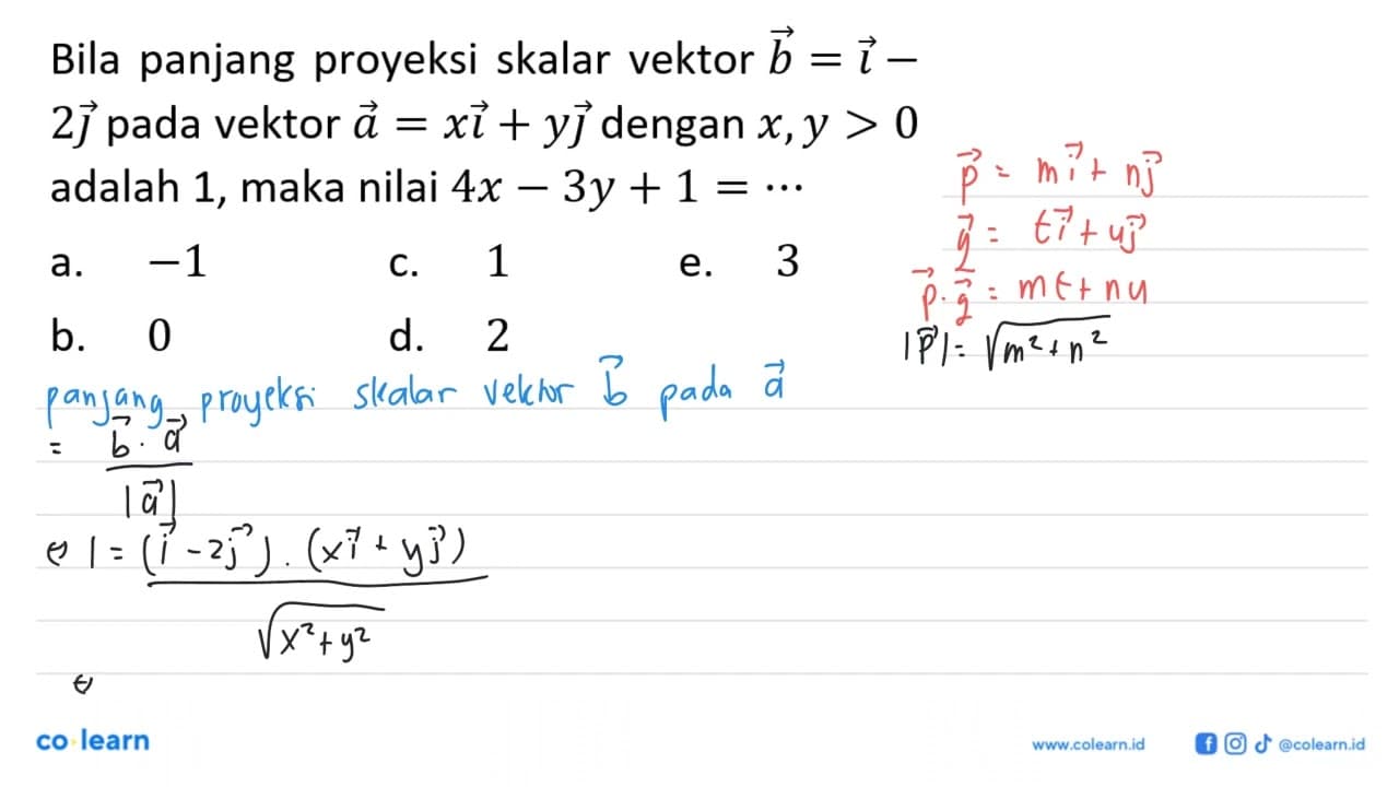 Bila panjang proyeksi skalar vektor b=i-2j pada vektor