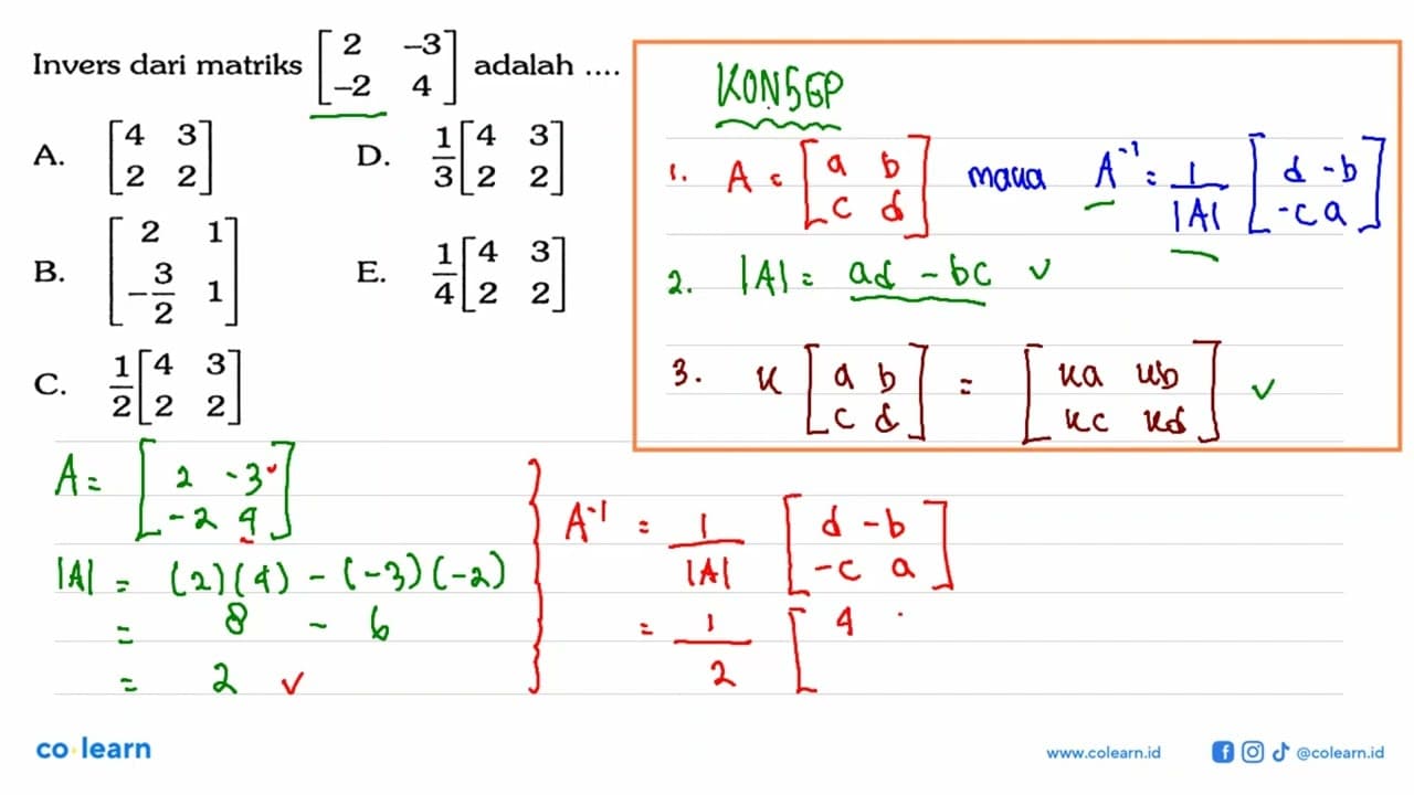 Invers dari matriks [2 -3 -2 4] adalah ....