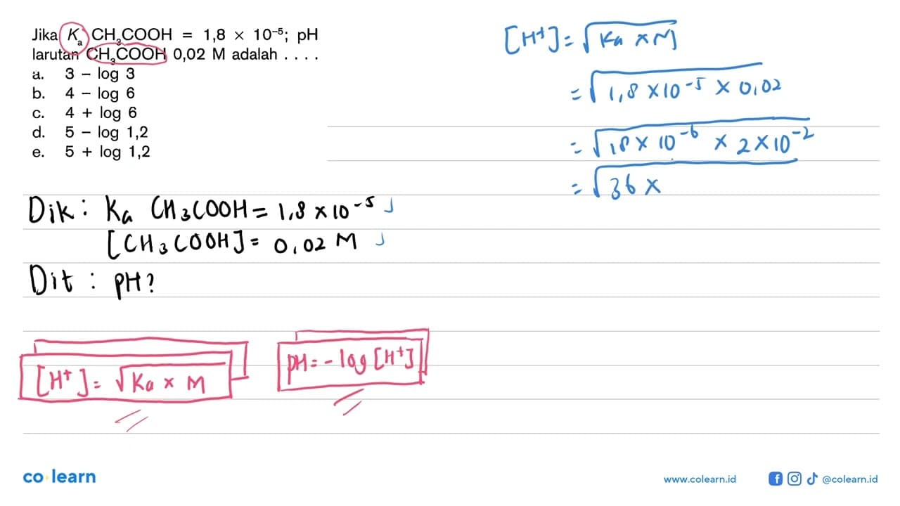 Jika Ka CH3COOH=1,8 x 10^(-5); pH larutan CH3COOH 0,02 M