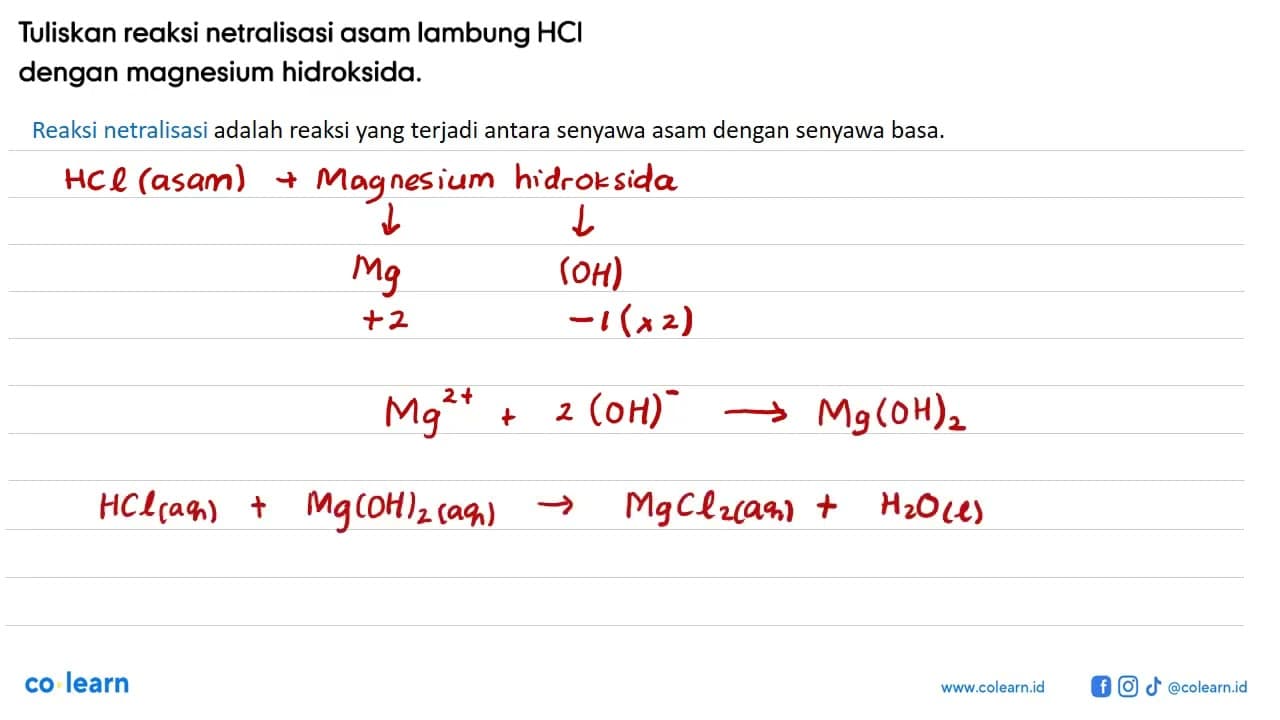 Tuliskan reaksi netralisasi asam lambung HCl dengan