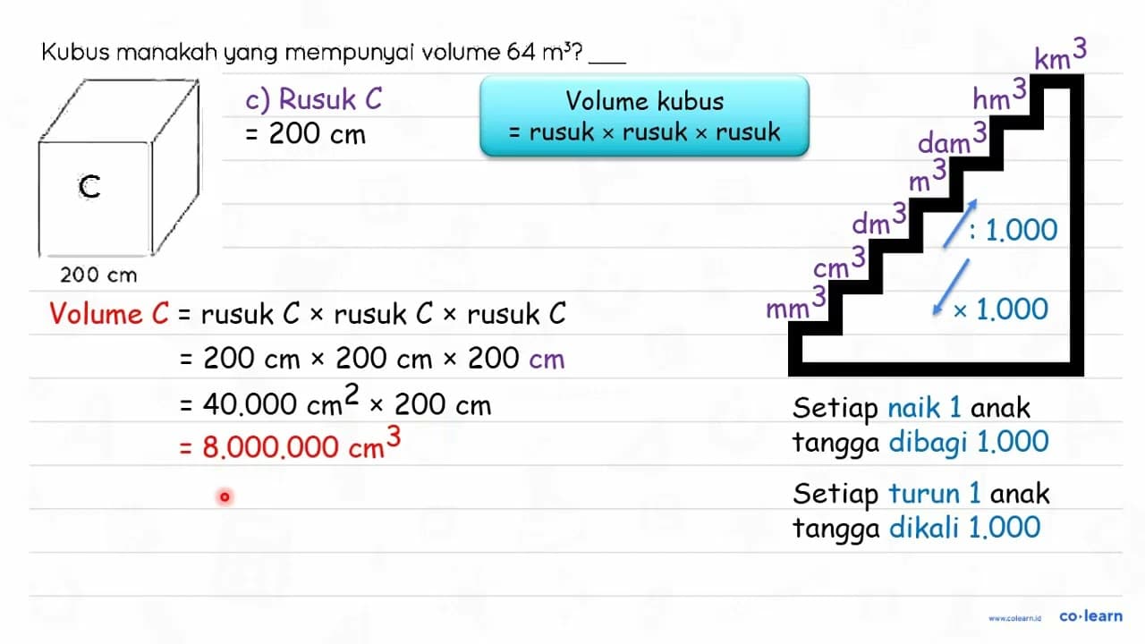 Kubus manakah yang mempunyai volume 64 m^3? A 80 cm B 10 dm