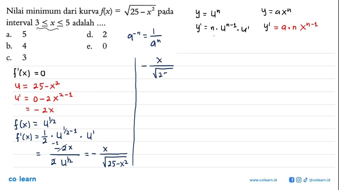 Nilai minimum dari kurva f(x)=akar(25-x^2) pada interval