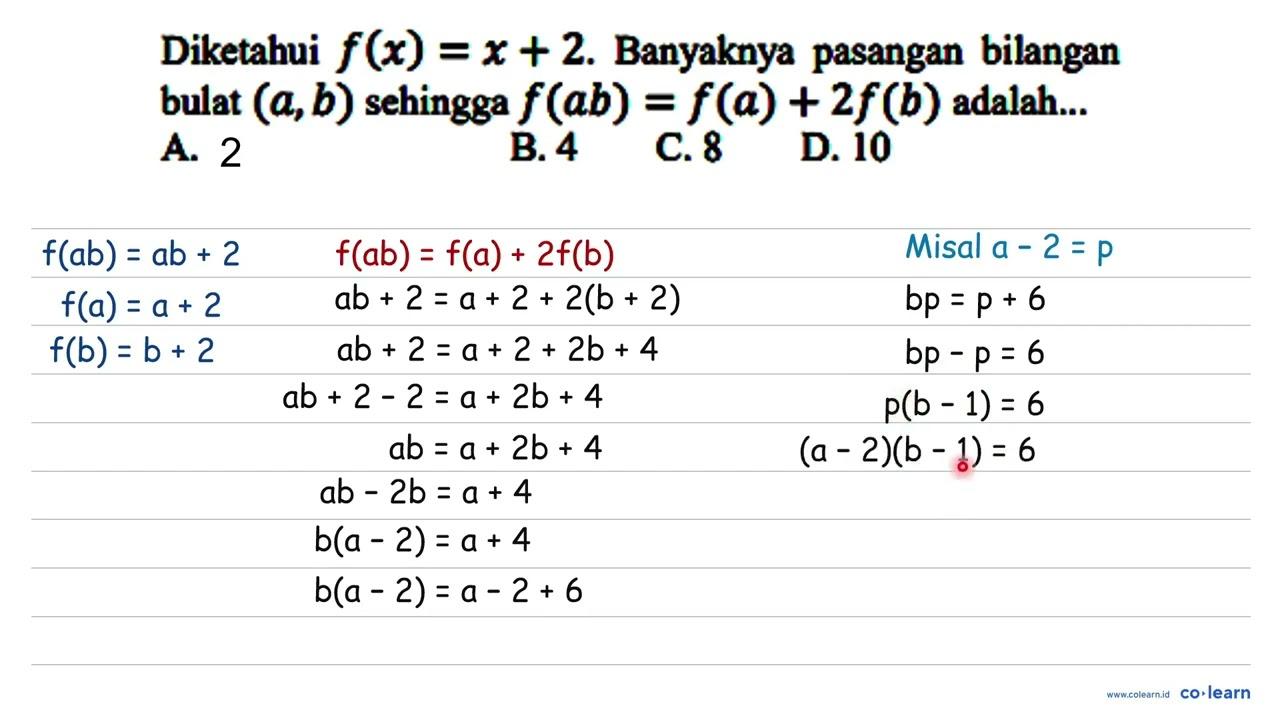 Diketahui f(x) = x + 2. Banyaknya pasangan bilangan bulat