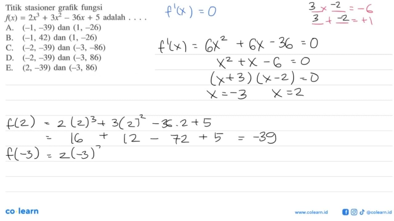 Titik stasioner grafik fungsi f(x)=2x^3+3x^2-36x+5