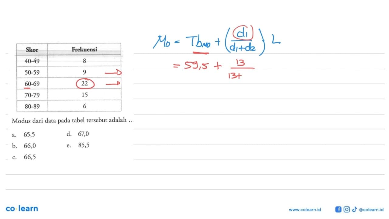 Skor Frekuensi 40-49 8 50-59 9 60-69 22 70-79 15 80-89 6